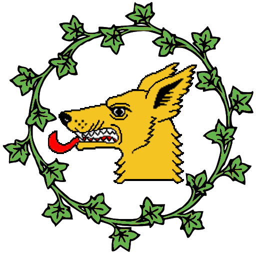 Wolvesbane Manor Logo: A gold wolf head within a ring of green ivy.